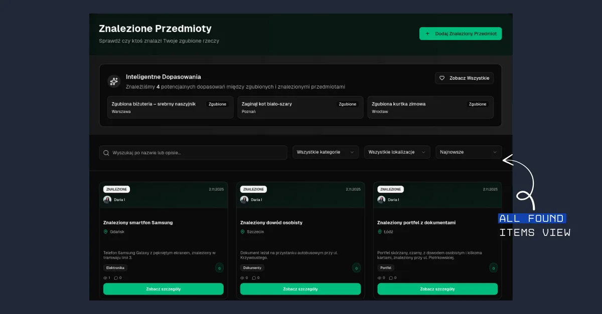 A screenshot of the "All Found Items" page, showing a clean, card-based layout for easy browsing.