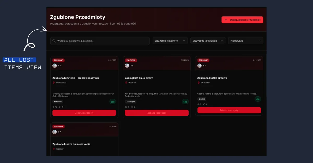 A screenshot of the "All Lost Items" page, with a similar clean layout for searching through lost reports.