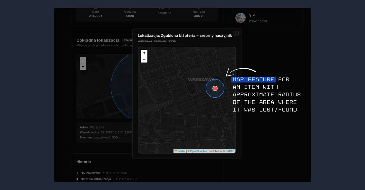 The same post page, scrolled down to show a detailed map of the location where the item was lost.