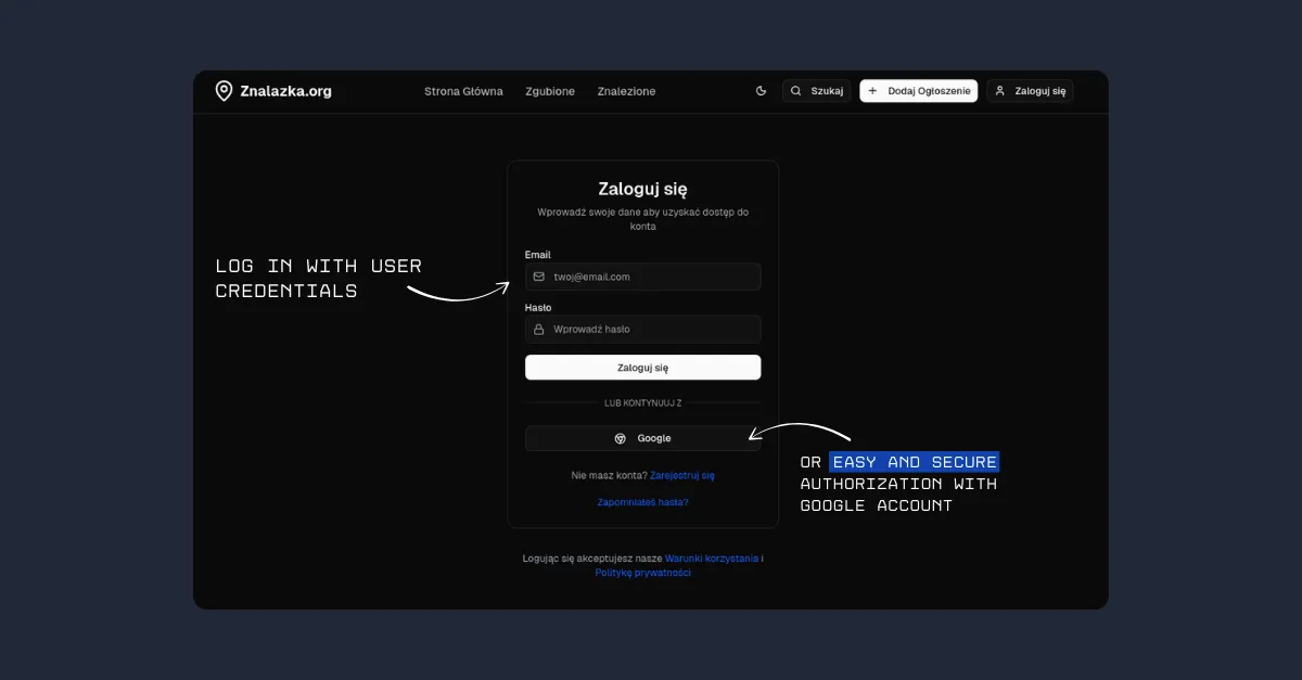 The login page for Znalazka.org, offering options to sign in with email/password or with a Google account.