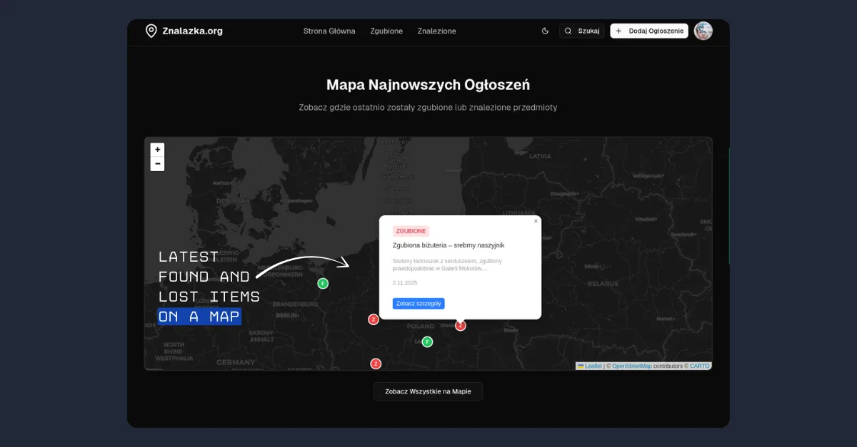 The main page of Znalazka.org showing a live map of Poland with pins for lost and found items.