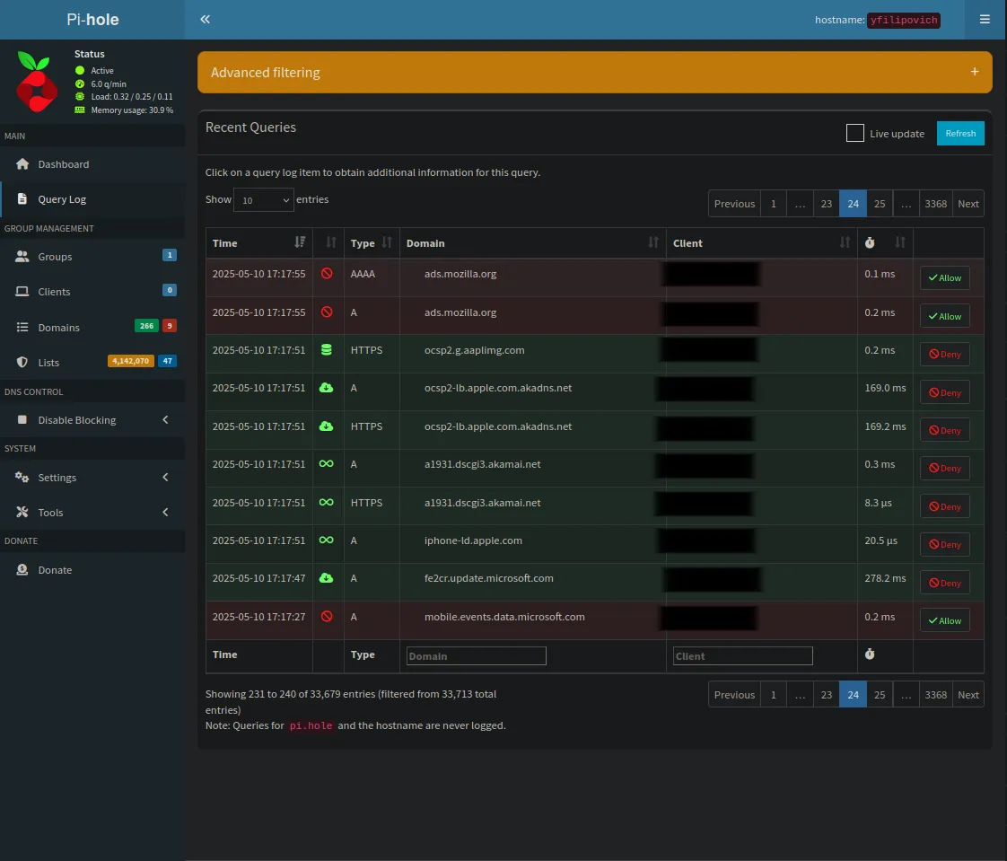 Pi-hole Query Log showing recent DNS queries with options to whitelist or blacklist domains